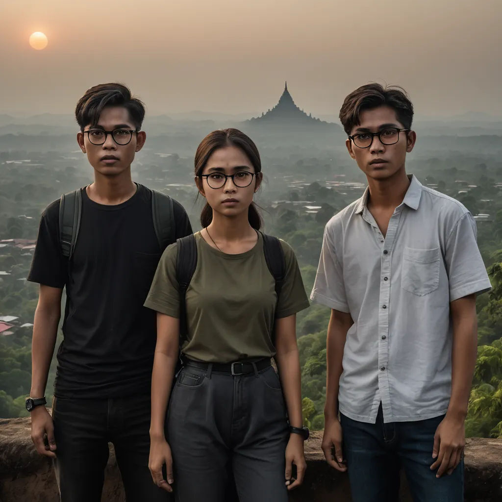 three people standing on a ledge with a view of a city in the background at sunset or dawn,, sumatraism, a character portrait, Dai Xi, promotional image