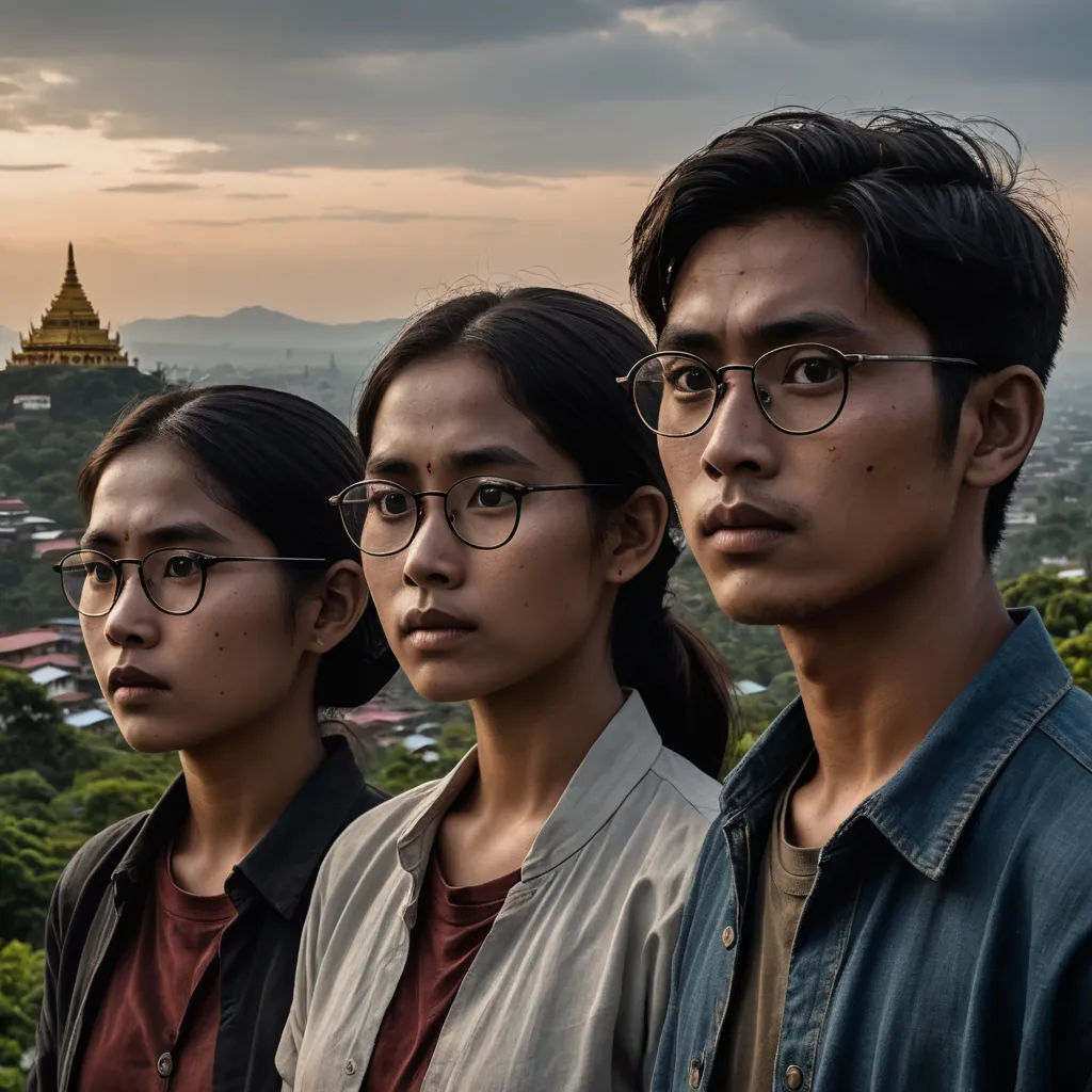 three people standing in front of a city skyline with a sky background and a golden pagoda in the distance, serial art, a character portrait, David Annand, promotional image
