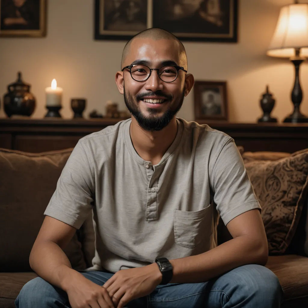 a man sitting on a couch in a living room with a lamp on the wall behind him and a picture of a man on the wall behind him, dau-al-set, a character portrait, Adrian Zingg, phuoc quan