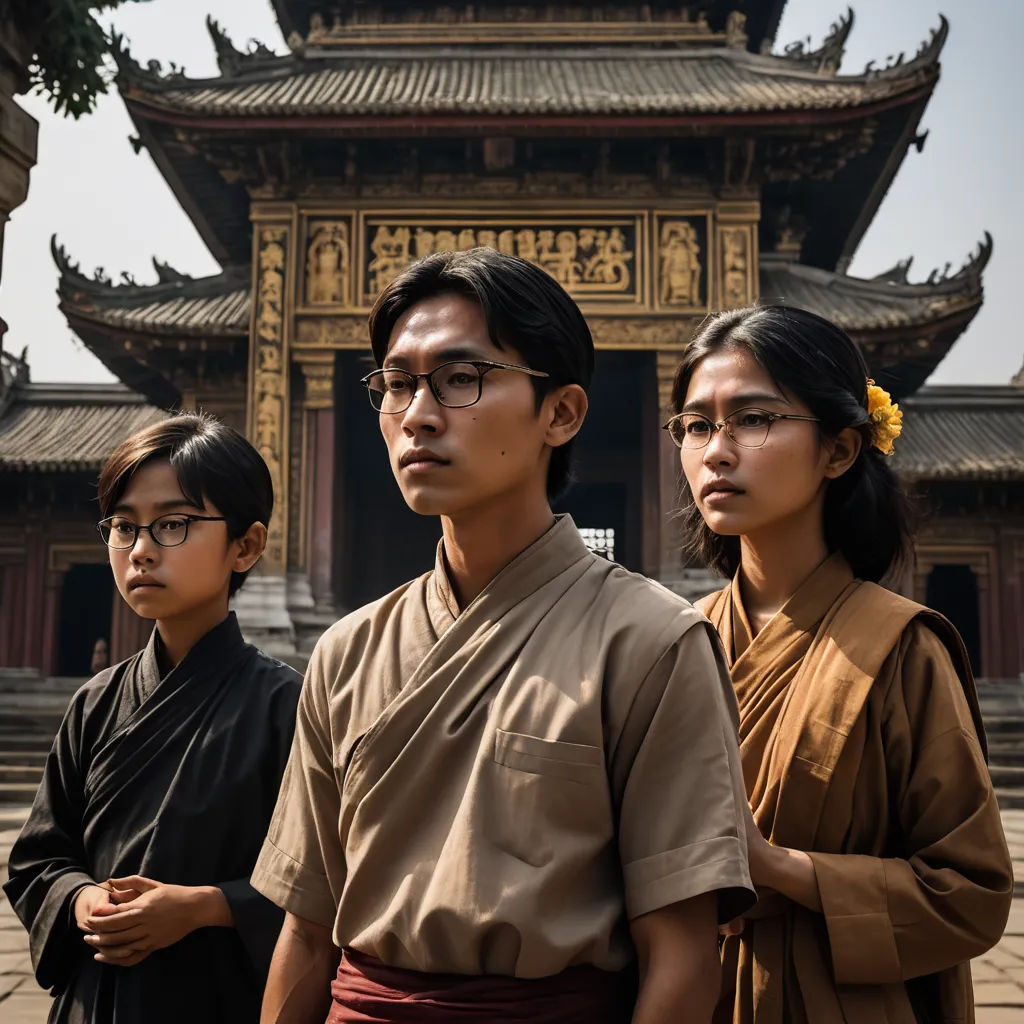 three people standing in front of a building with a pagoda in the background and a tree in the foreground, dau-al-set, a character portrait, Fang Congyi, promotional image