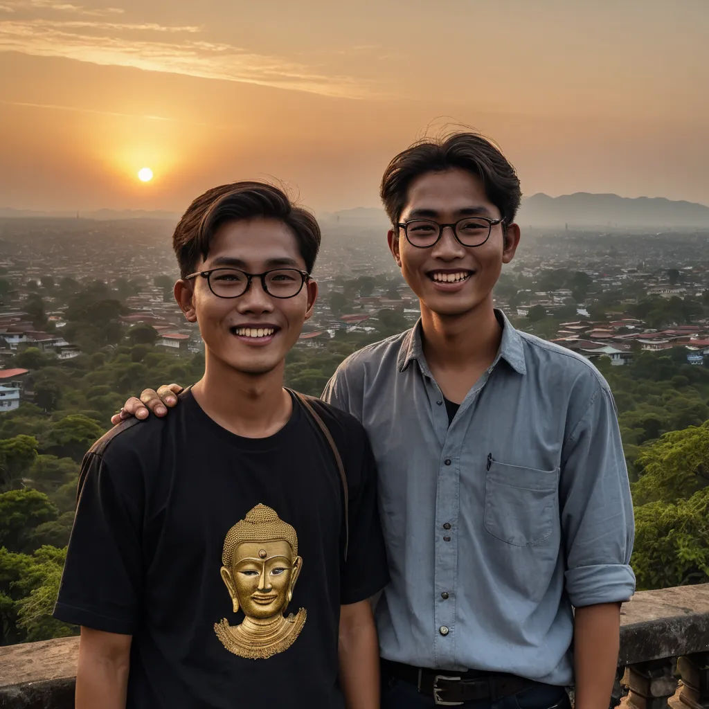two men standing next to each other in front of a sunset over a city with a buddha head on the wall, cloisonnism, a photocopy, Ding Yunpeng, raytracing