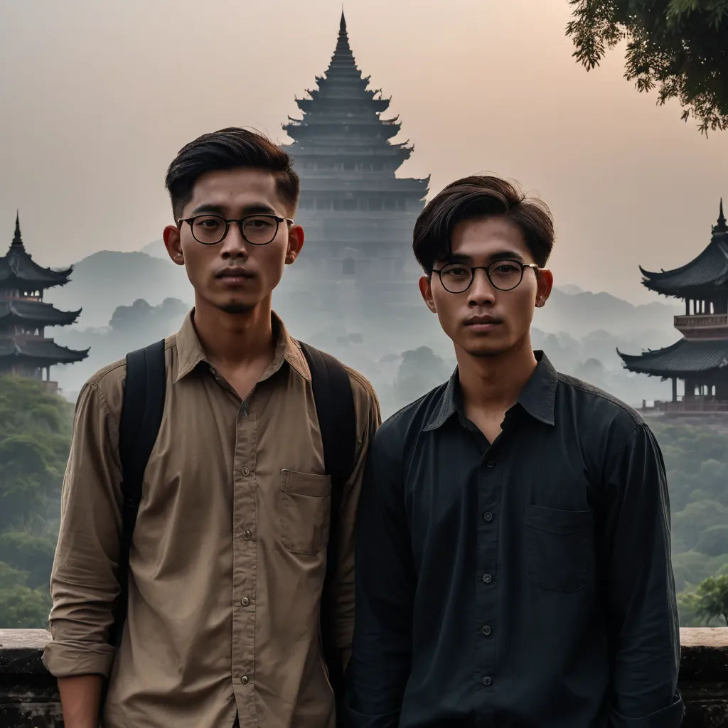 two men standing next to each other in front of a building with a pagoda in the background and foggy sky, cubo-futurism, a stock photo, Dai Xi, phuoc quan