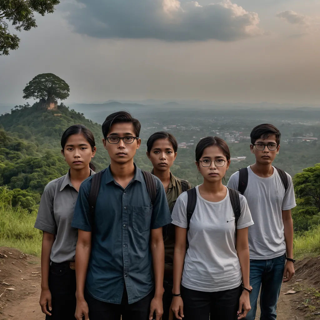 a group of people standing on a dirt road in front of a forest and a mountain range with a cloudy sky, bengal school of art, a portrait, David Diao, promotional image