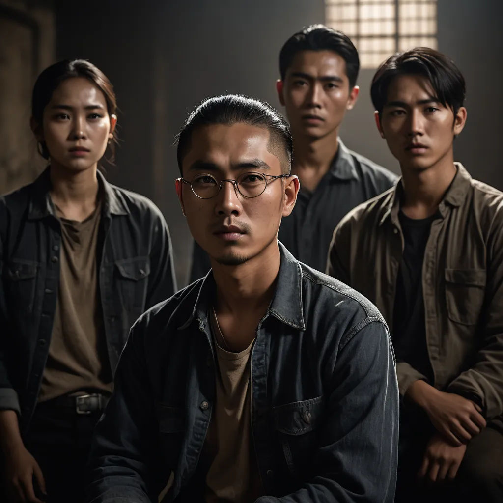 a group of people standing next to each other in a room with a window in the background and one man wearing glasses, serial art, a poster, Fan Kuan, movie still