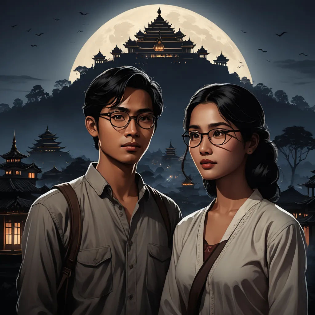 a couple of people standing next to each other in front of a full moon and pagoda with bats flying overhead, serial art, a character portrait, Atey Ghailan, comic cover art