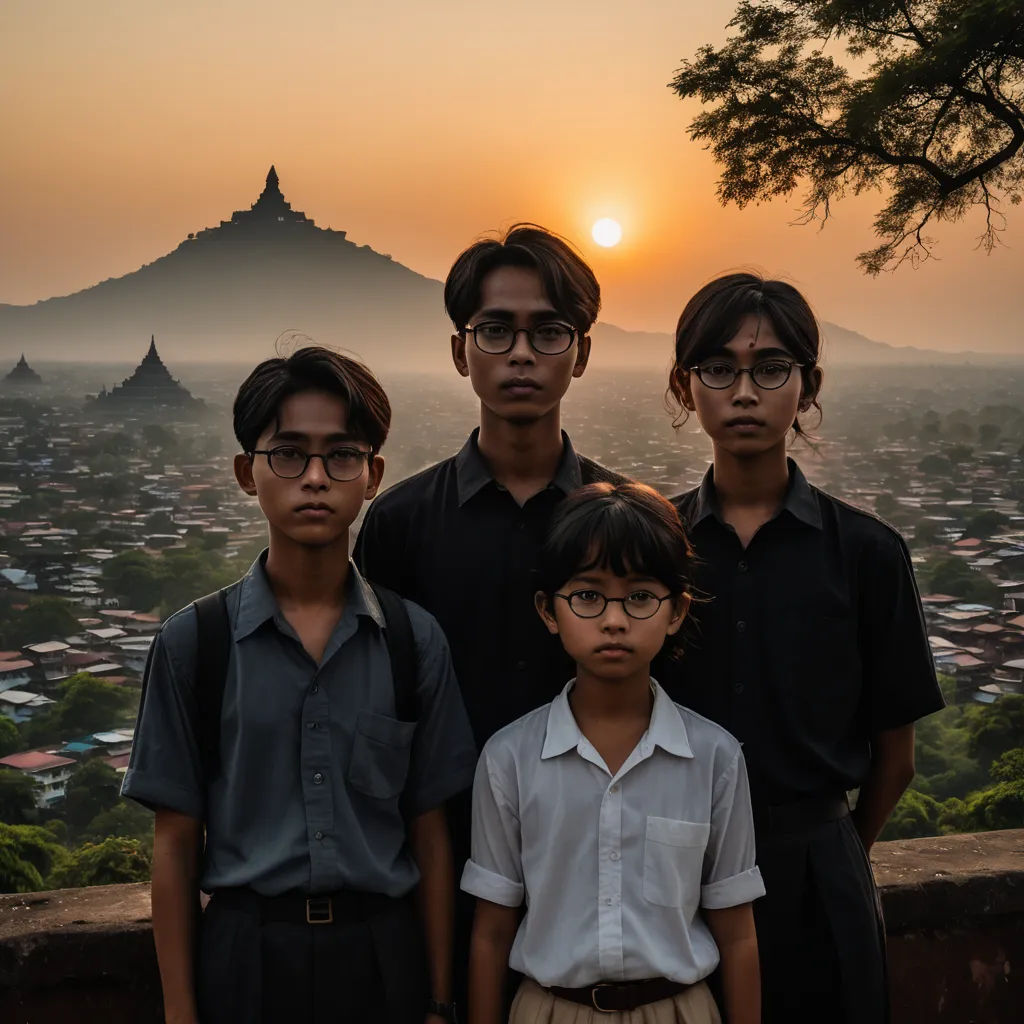 a group of people standing next to each other on a hillside with a city in the background at sunset, dau-al-set, a character portrait, Daniel Lieske, cinematic photography