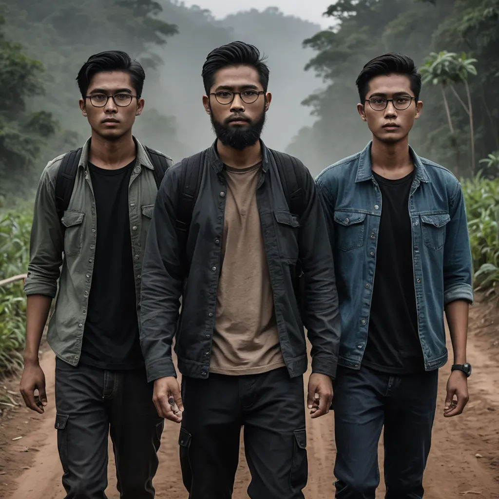 three men standing on a dirt road in the woods, one wearing glasses and the other wearing a denim jacket, sumatraism, a character portrait, Abidin Dino, vfx