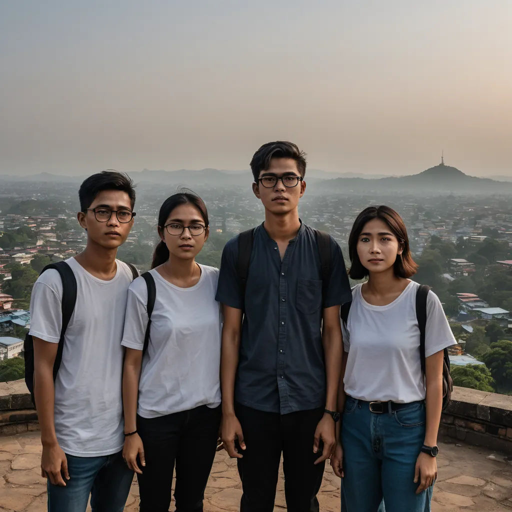 three people standing on a hill with a view of a city in the distance and a hill in the background, sumatraism, a stock photo, Dai Xi, portrait photography