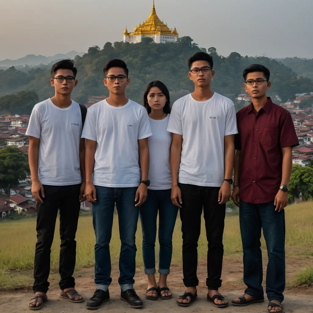 a group of people standing next to each other in front of a mountain range with a city in the background, sumatraism, a photocopy, Ding Yunpeng, portrait photography