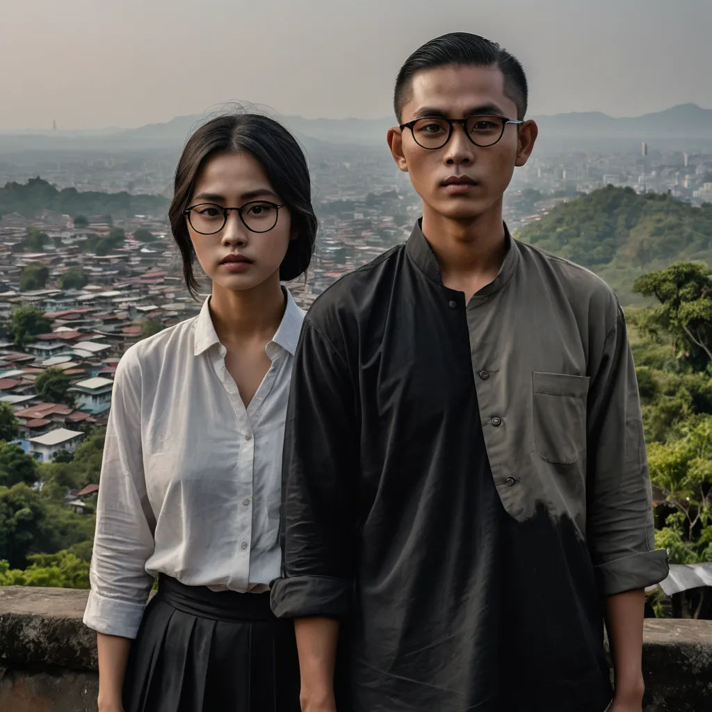 a man and a woman standing next to each other in front of a cityscape with mountains in the background, serial art, a character portrait, David Diao, promotional image