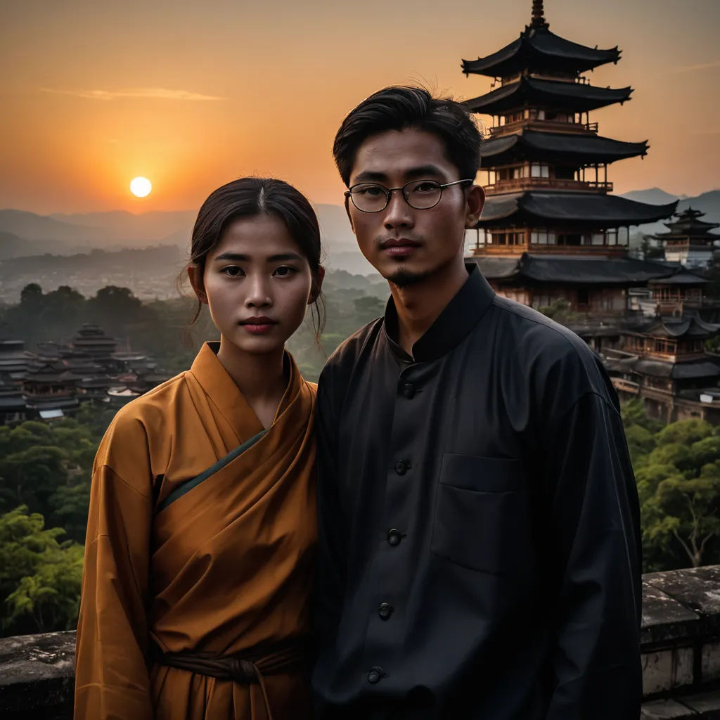 a man and a woman standing in front of a pagoda at sunset with the sun setting behind them and a mountain in the distance, cloisonnism, a character portrait, Dai Xi, canon eos r 3