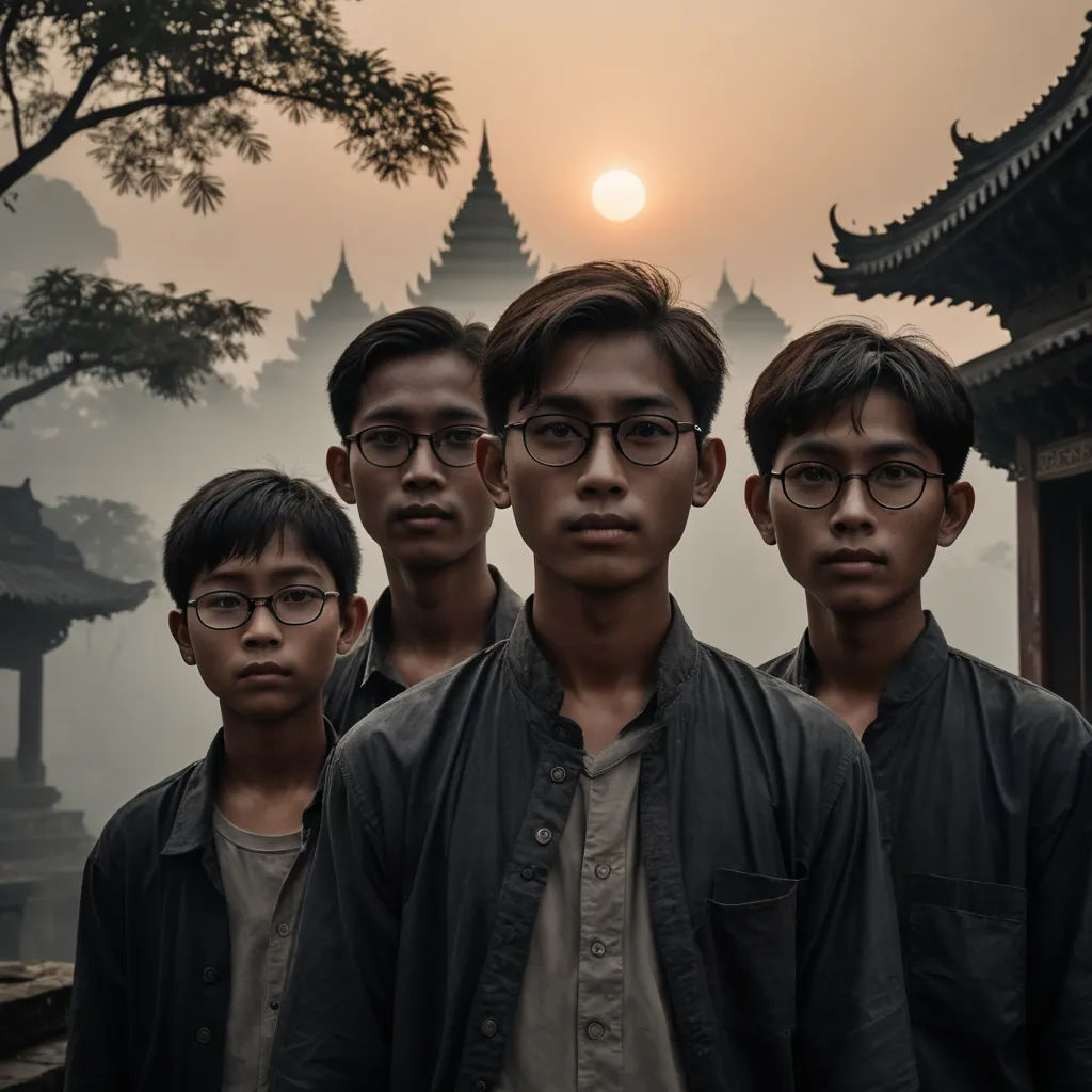 a group of young men standing next to each other in front of a building with a sun in the background, rayonism, a character portrait, Fan Kuan, phuoc quan