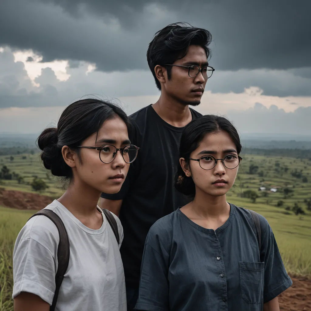 a man and two women standing in front of a field with a cloudy sky in the background and a dark sky in the background, sumatraism, a character portrait, Abidin Dino, promotional image