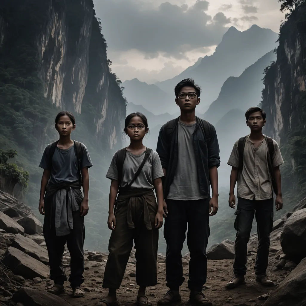 a group of people standing on a rocky area with mountains in the background and a cloudy sky above them, primitivism, a poster, Daniel Lieske, promotional image