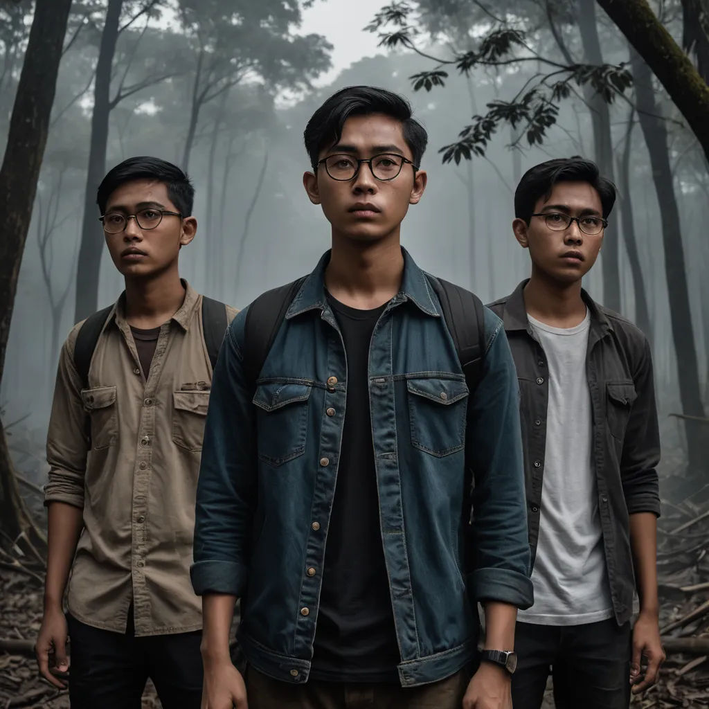 three men standing in a forest with trees in the background and fog in the air behind them, one wearing a denim jacket and the other wearing a white shirt, rayonism, a poster, Daryush Shokof, promotional image