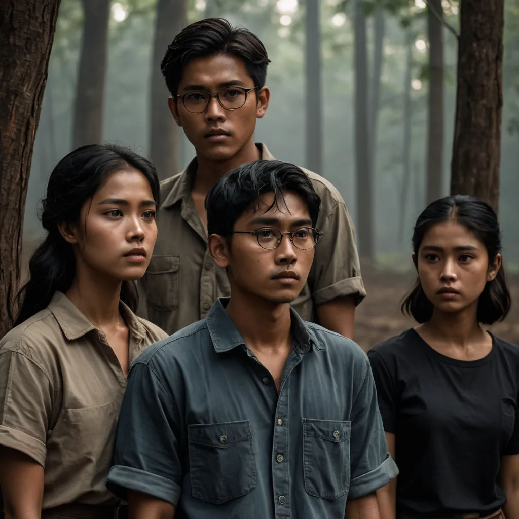 a group of people standing in the woods together, with one man looking at the camera and the other looking at the camera, sumatraism, a poster, David Park, movie still