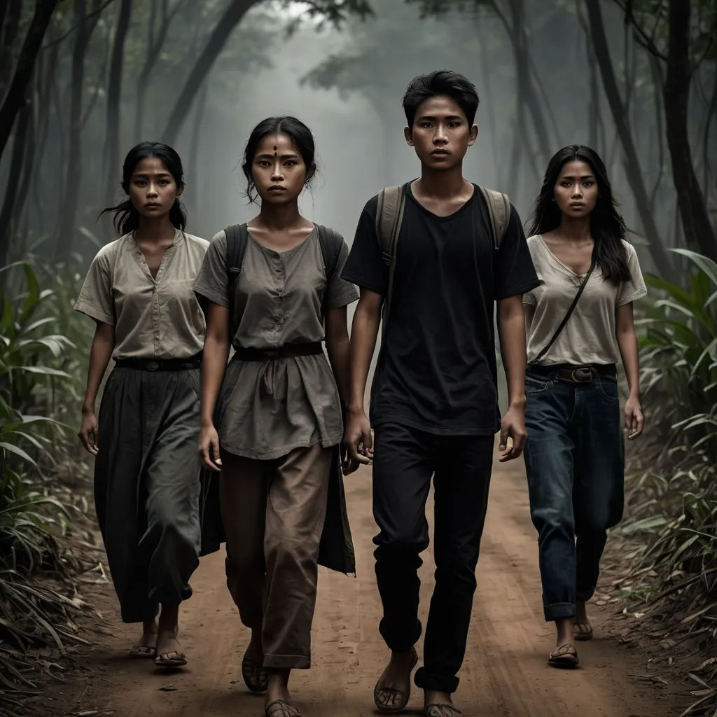 a group of people walking down a dirt road in the woods with trees in the background and fog in the air, sumatraism, a poster, Daniel Lieske, promotional image