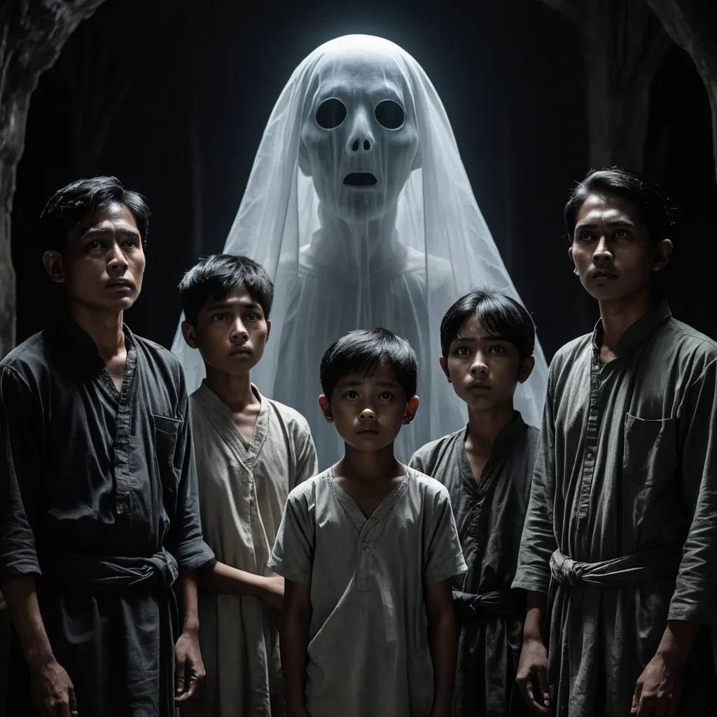 a group of children standing in front of a ghost in a dark room with a ghost in the background, sumatraism, a poster, Fan Kuan, promotional image