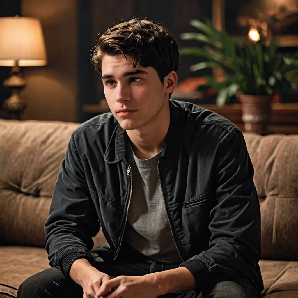 a young man sitting on a couch in a living room next to a lamp and a plant in a pot, Cam Sykes, private press, a character portrait, promotional image