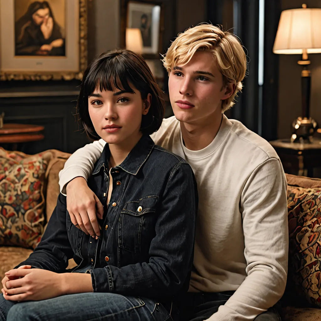 a man and a woman sitting on a couch together in a living room with a painting on the wall, Christopher Wood, international gothic, a renaissance painting, promotional image