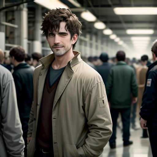 a man standing in a crowd of people in a building with a man in a trench coat looking at the camera
