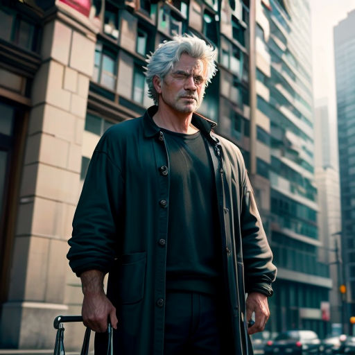 a man with white hair and a black coat is standing in the street with a suitcase in his hand