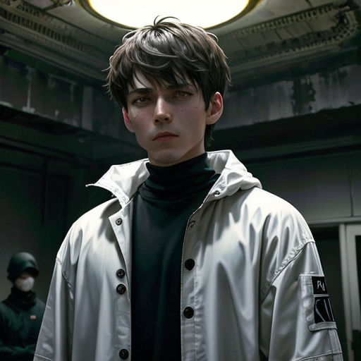 a man in a white jacket standing in a room with a light on the ceiling and a person in a black shirt behind him