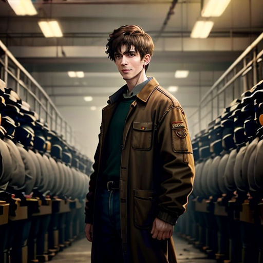 a man standing in a room with many pipes in it and a man in a coat standing in front of a row of pipes