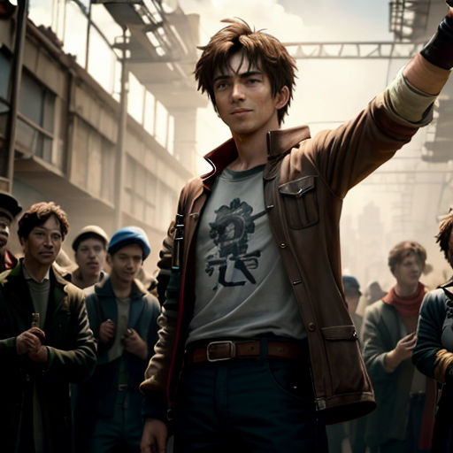 a man in a leather jacket holding a gun in front of a crowd of people in a city street