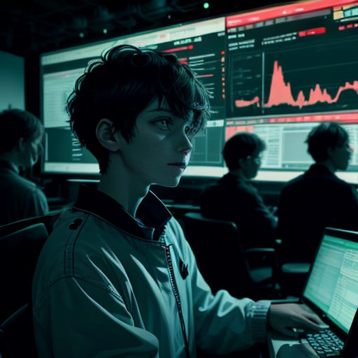 a man sitting in front of a laptop computer in a room full of people working on computers and monitors