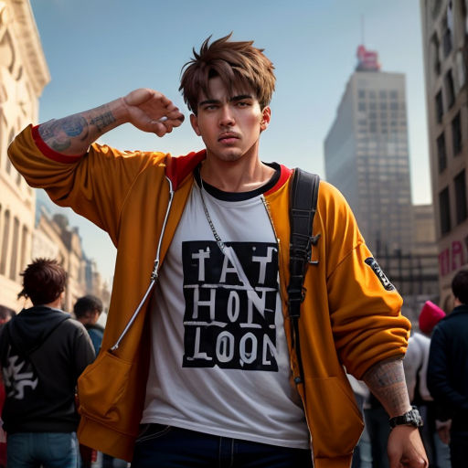 a man with a tattoo on his arm and a yellow jacket on his shoulders and a white shirt on his chest