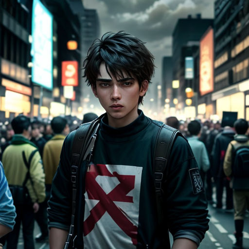 a man with a backpack standing in a crowded street with a lot of people in the background and a sky filled with clouds