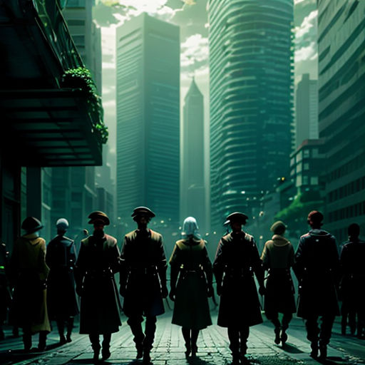 a group of people walking down a street in a city at night time with tall buildings in the background
