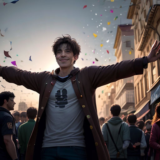 a man standing in a crowded street with his arms outstretched in celebration with confetti falling from the sky