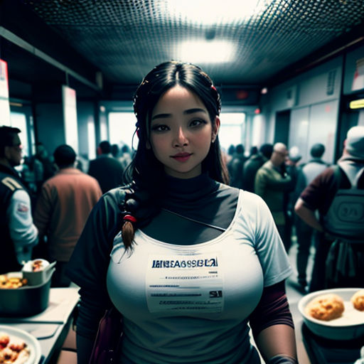 a woman standing in a room full of people with plates of food on the table and a woman with a ponytail