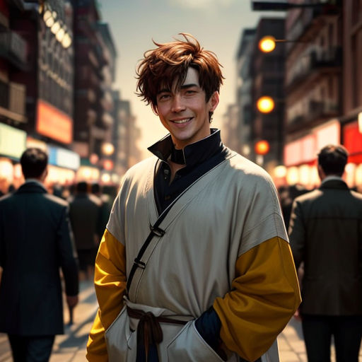 a man in a kimono standing on a city street with people walking by him and a street light in the background