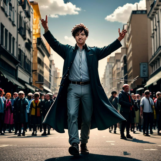 a man in a coat is walking down the street with his arms outstretched in the air and people in the background