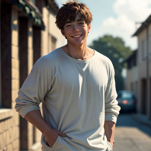 a man standing on a sidewalk next to a building and smiling at the camera with his hands on his hips