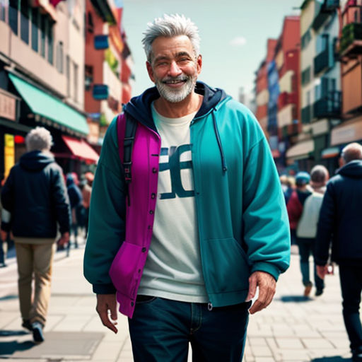 a man with a beard and a blue jacket is walking down the street with a pink scarf around his neck