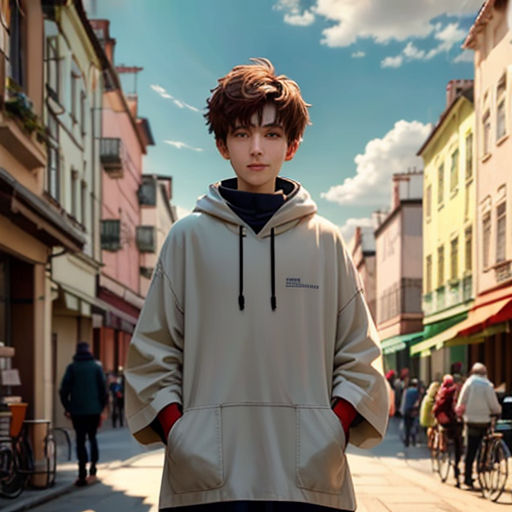 a boy standing on a street with a sky background and buildings in the background, wearing a hoodie