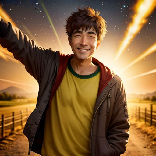 a man in a yellow shirt and brown jacket is holding his arms out in the air and smiling at the camera