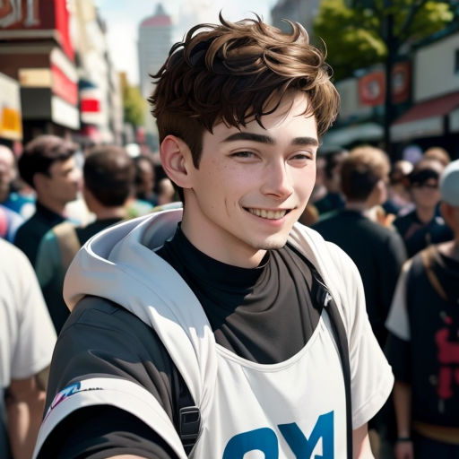 a young man is smiling and posing for a picture in front of a crowd of people on a city street