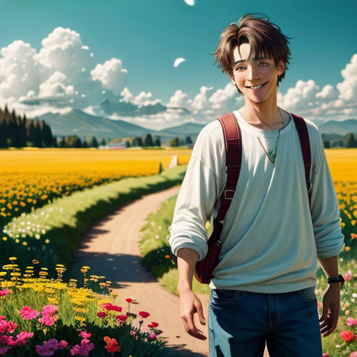 a man standing in a field of flowers with a backpack on his shoulder and a bird flying overhead above him