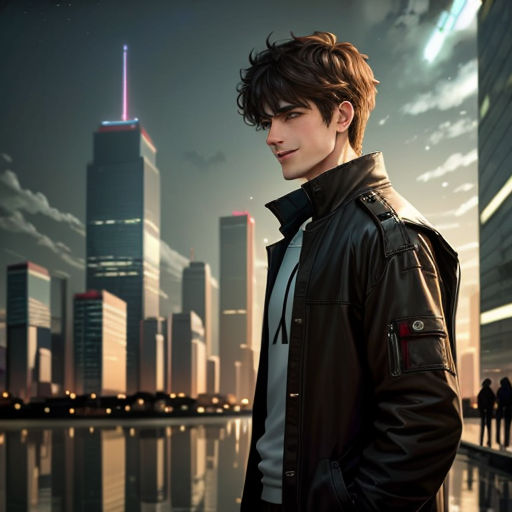 a man standing in front of a city skyline with a skyscraper in the background and a reflection of the sky