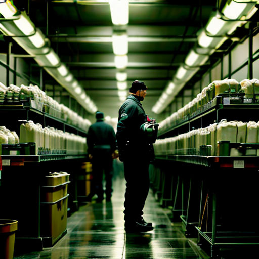 a man standing in a warehouse with a lot of boxes on the shelves and a man walking by in the background