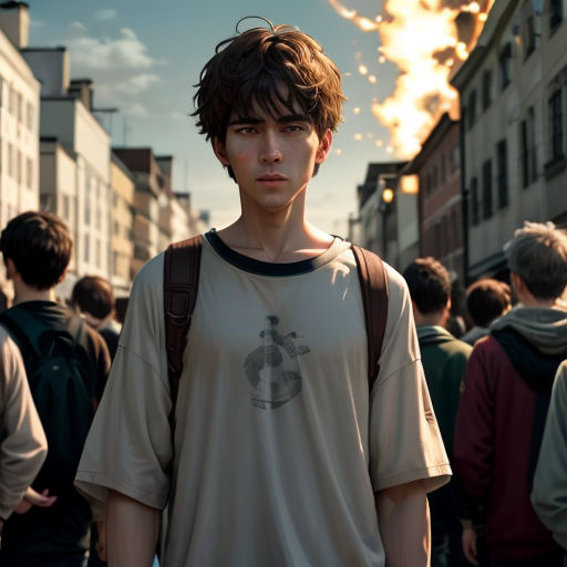 a young man standing in front of a crowd of people with a fire in the background and a building on fire