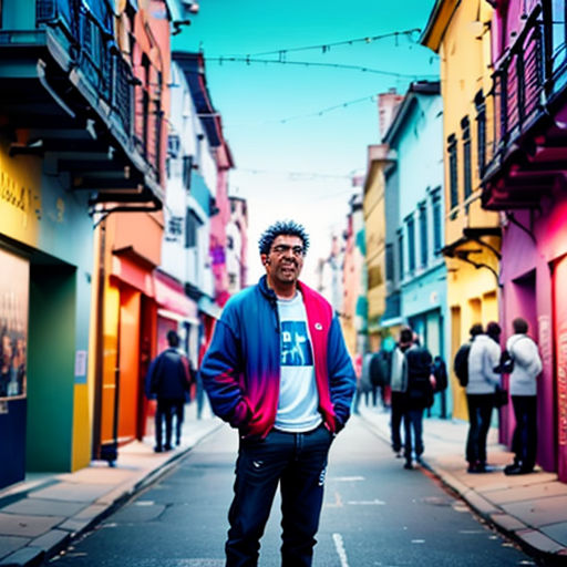 a man standing in the middle of a street in a city with buildings and people walking around him on the sidewalk