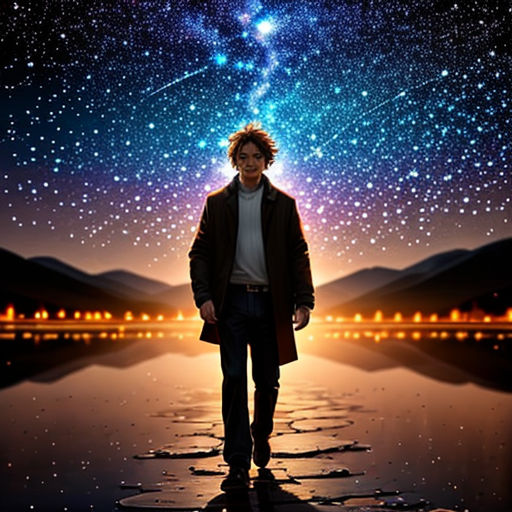 a man standing in front of a lake under a star filled sky with a bright star above him and a reflection of him