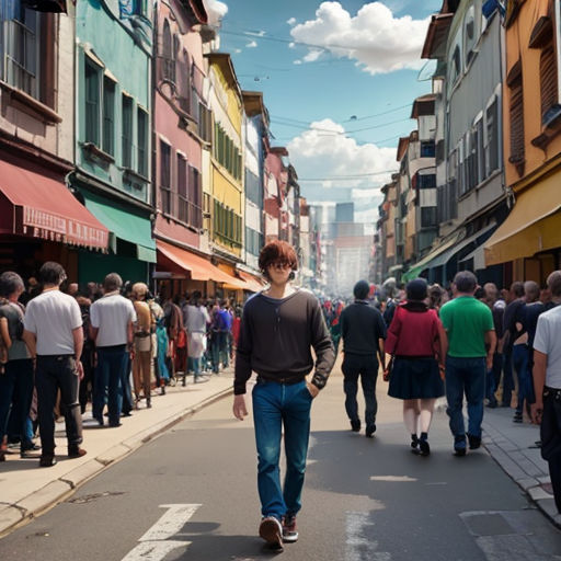 a man walking down a street next to a crowd of people on a sunny day in a city with buildings