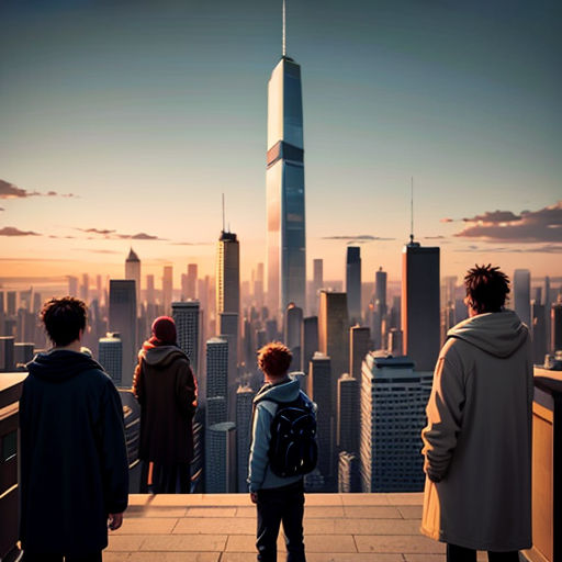 a group of people standing on top of a building looking at a city skyline at sunset or sunset time